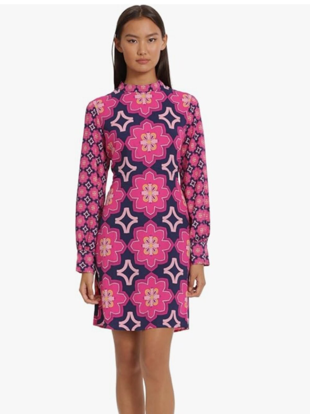 Donna Morgan Pink & Navy Retro Floral Long Sleeve Midi Dress with High Neck